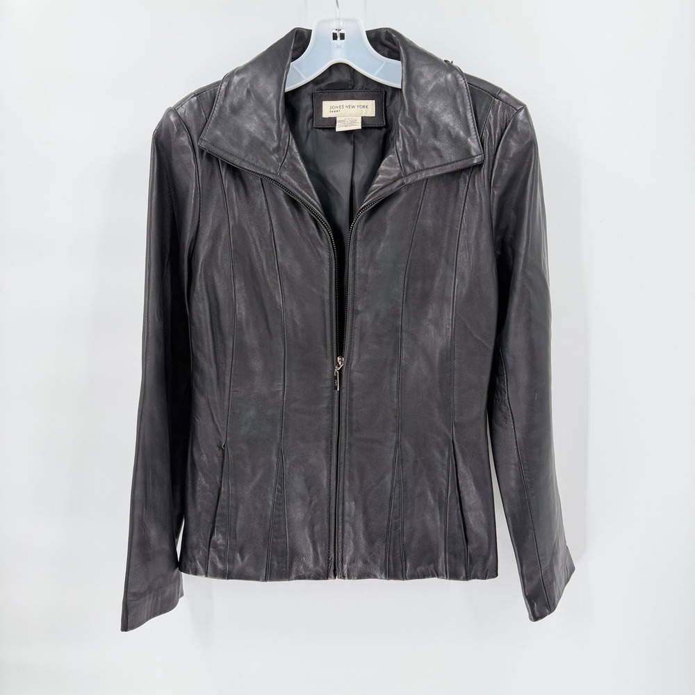 JONES NEW YORK Sport Black Genuine Leather Zip Front Jacket Women Size Small